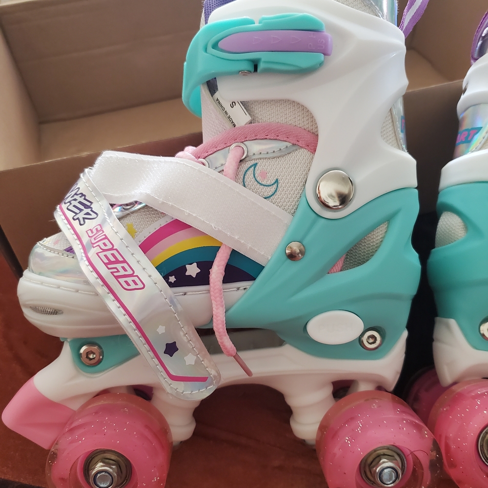 Kids Adjustable Roller Skates in Pink & Teal with Rainbow Detail Size SMALL 9-12